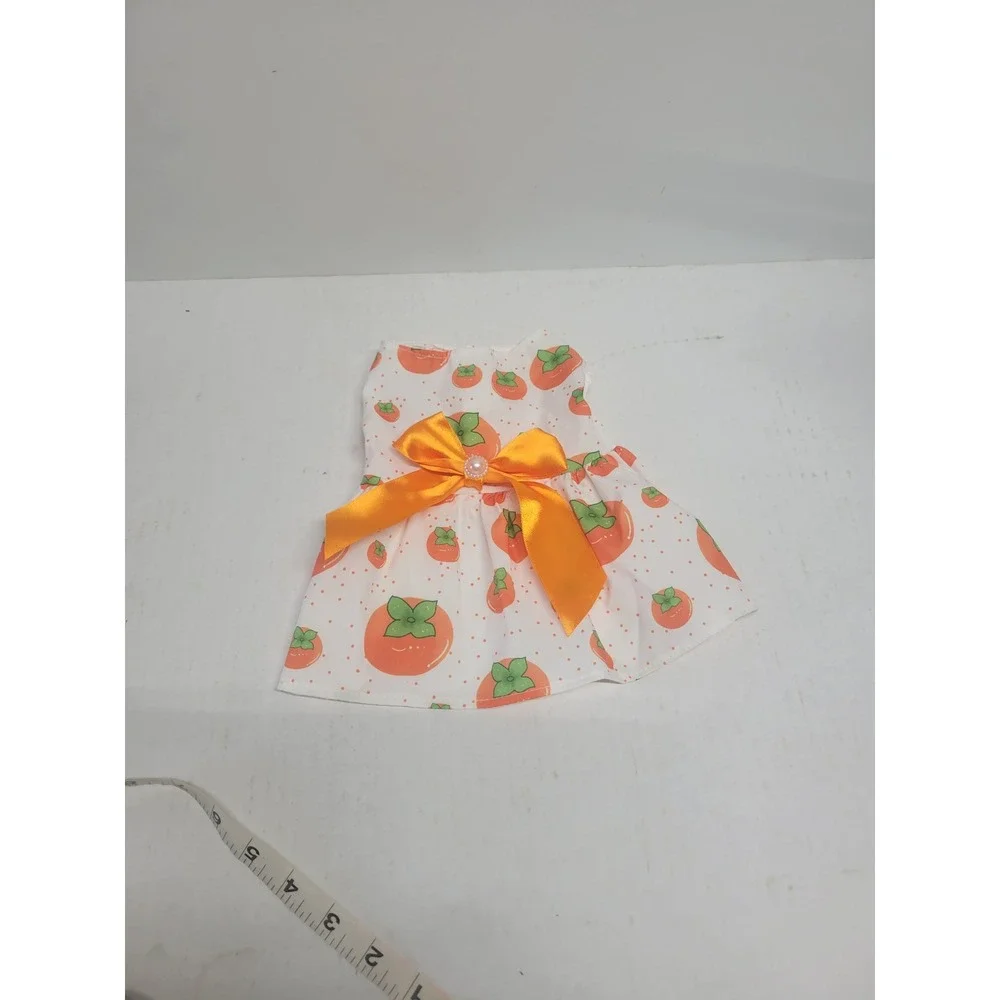 Small Pet Dress‎ Persimmon Fruit Print Orange Satin Bow White Polka Dot Size S